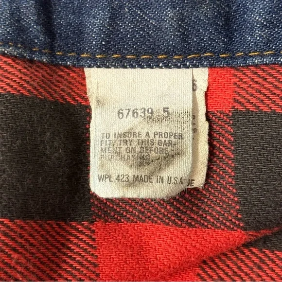 Levi's Vintage Red and Black Buffalo Plaid Trucker Denim Jacket. Size 42